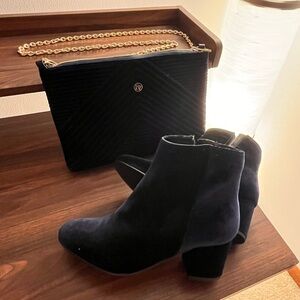 Steve Madden Navy Suede Booties with matching La Diva Purse and Sangria Dress